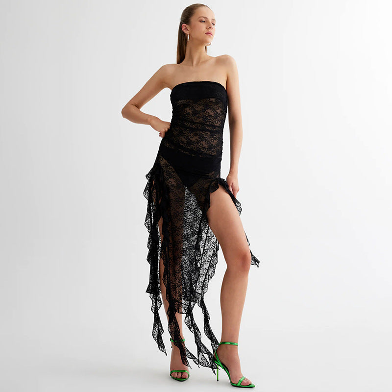 Women's fashionable sexy one-shoulder tube top dress with stitching