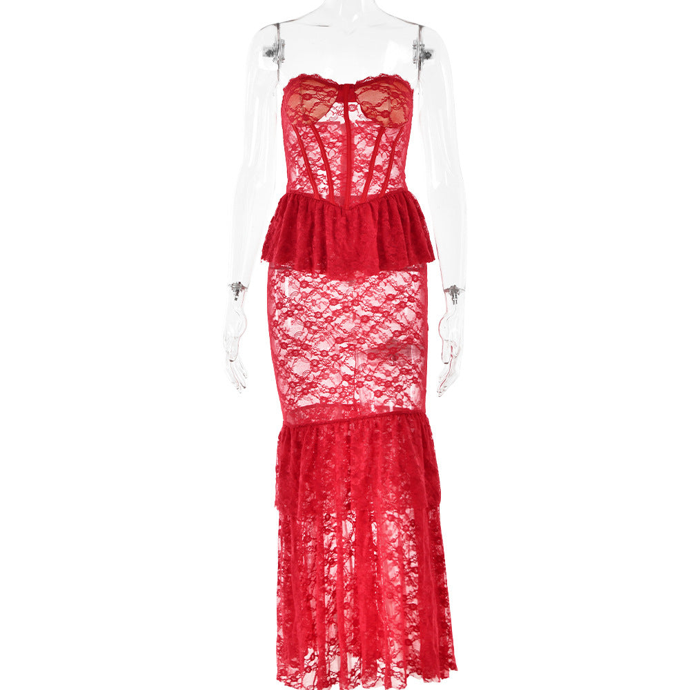Lace solid color see-through tube top fishtail skirt sexy tight hot girl one shoulder long skirt