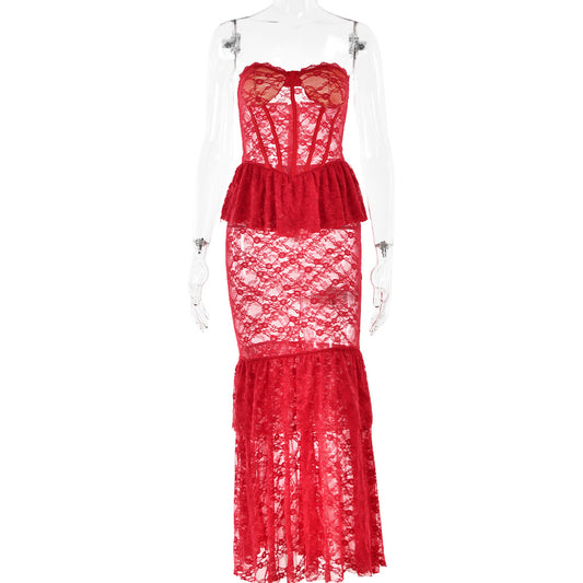 Lace solid color see-through tube top fishtail skirt sexy tight hot girl one shoulder long skirt