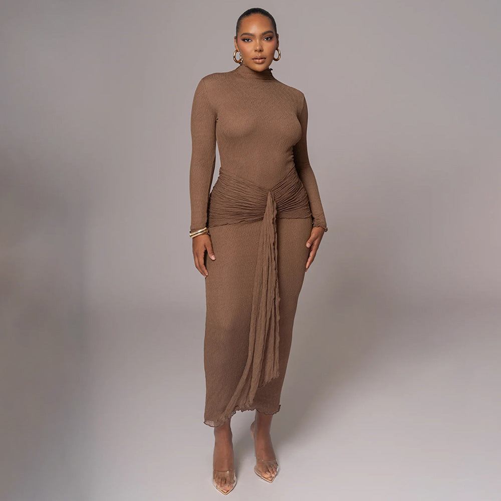 Long-sleeved bow dress, fashionable and sexy pleated slim dress