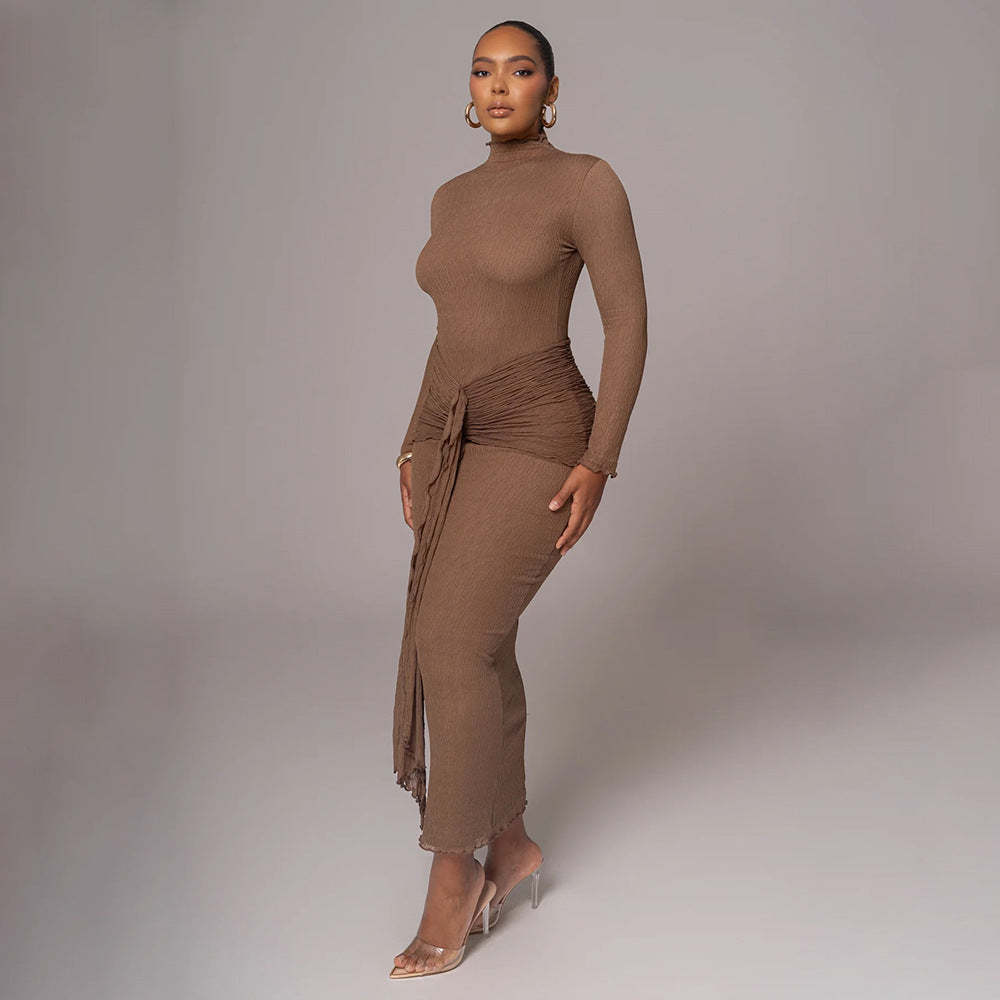 Long-sleeved bow dress, fashionable and sexy pleated slim dress