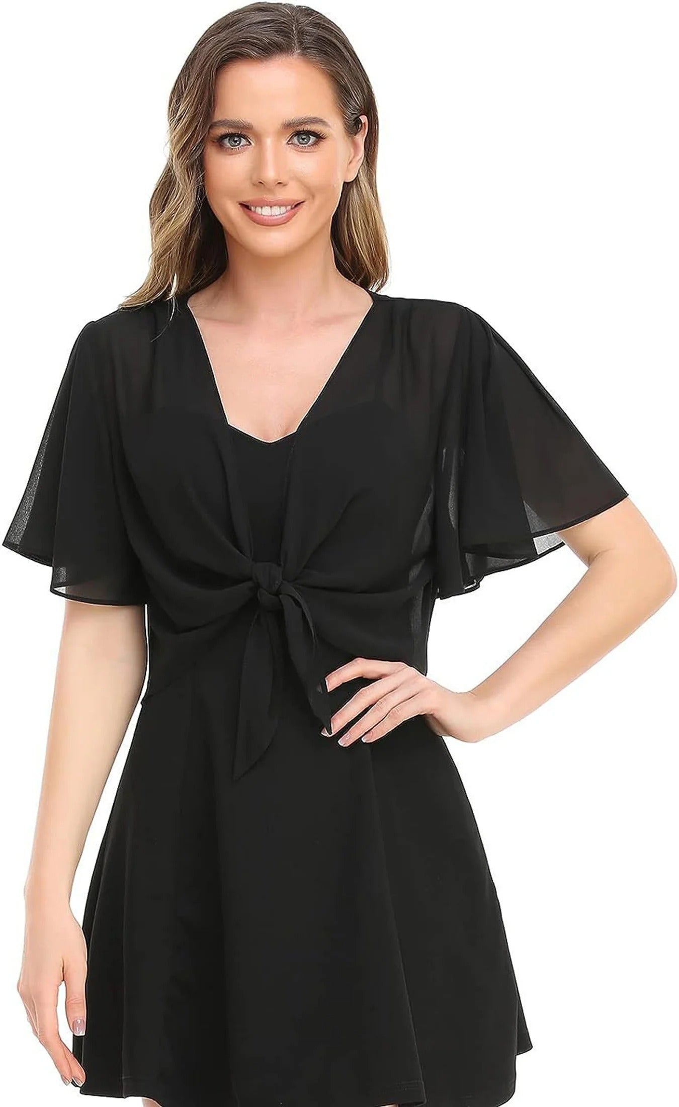 new women's blouse solid color short-sleeved cardigan thin chiffon cape tied and tied cape