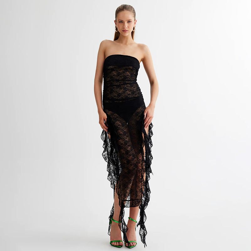 Women's fashionable sexy one-shoulder tube top dress with stitching