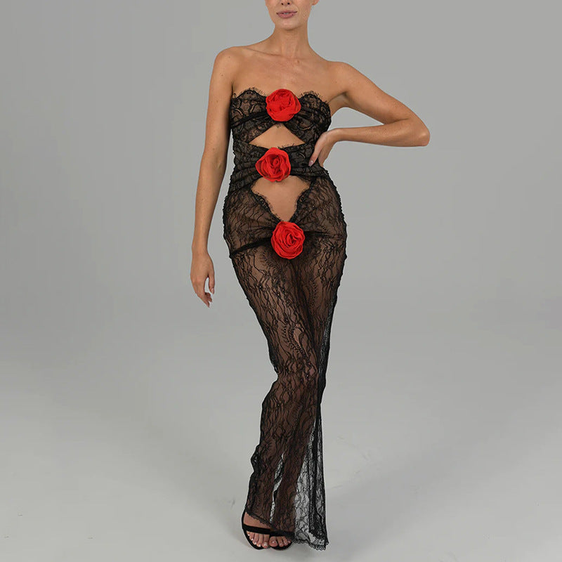 Sexy and fashionable lace splicing flower tube top hollow see-through hip skirt