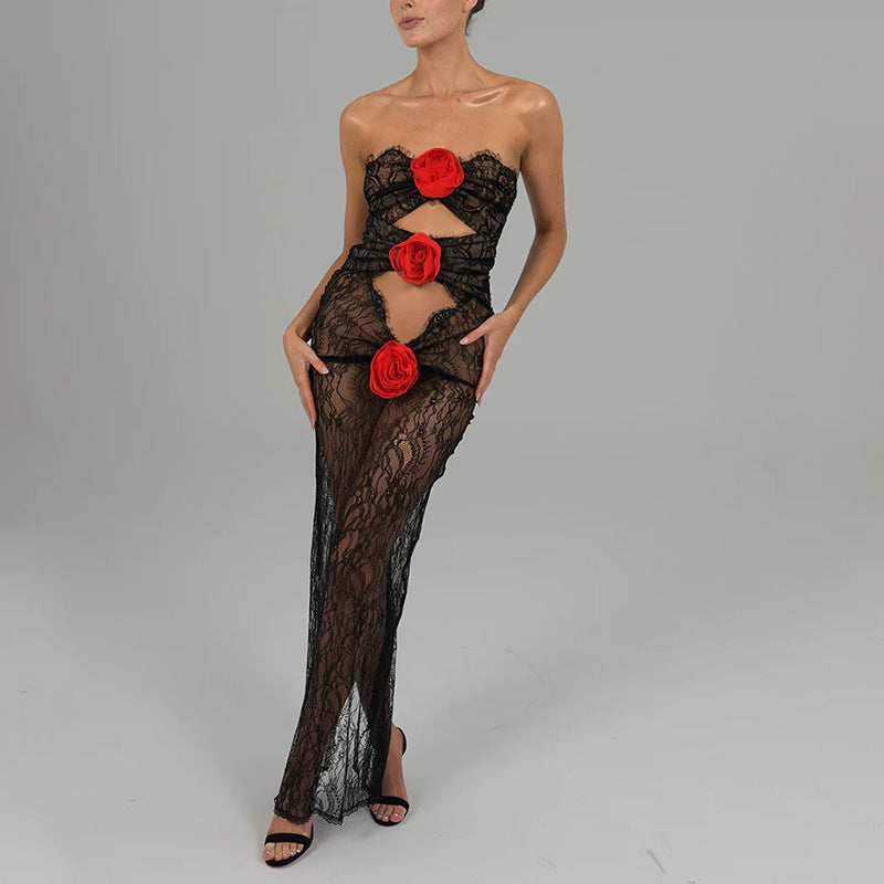 Sexy and fashionable lace splicing flower tube top hollow see-through hip skirt
